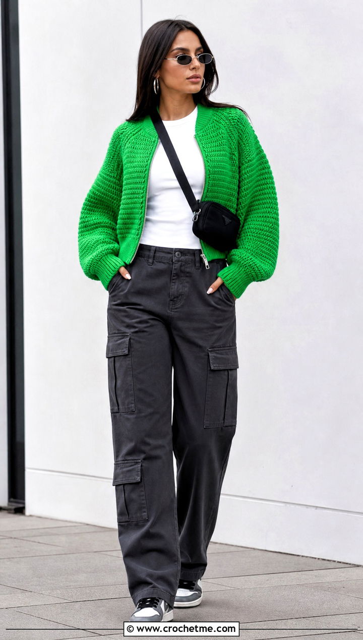 Tunisian Crochet Bomber Jacket With Cargo Pants - 20 Tunisian Crochet Clothing and outfit ideas