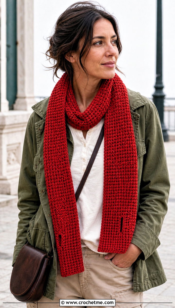 Tunisian Crochet Button Hole Scarf With Utility Jacket - 15 Crochet Button Hole Scarf outfit ideas