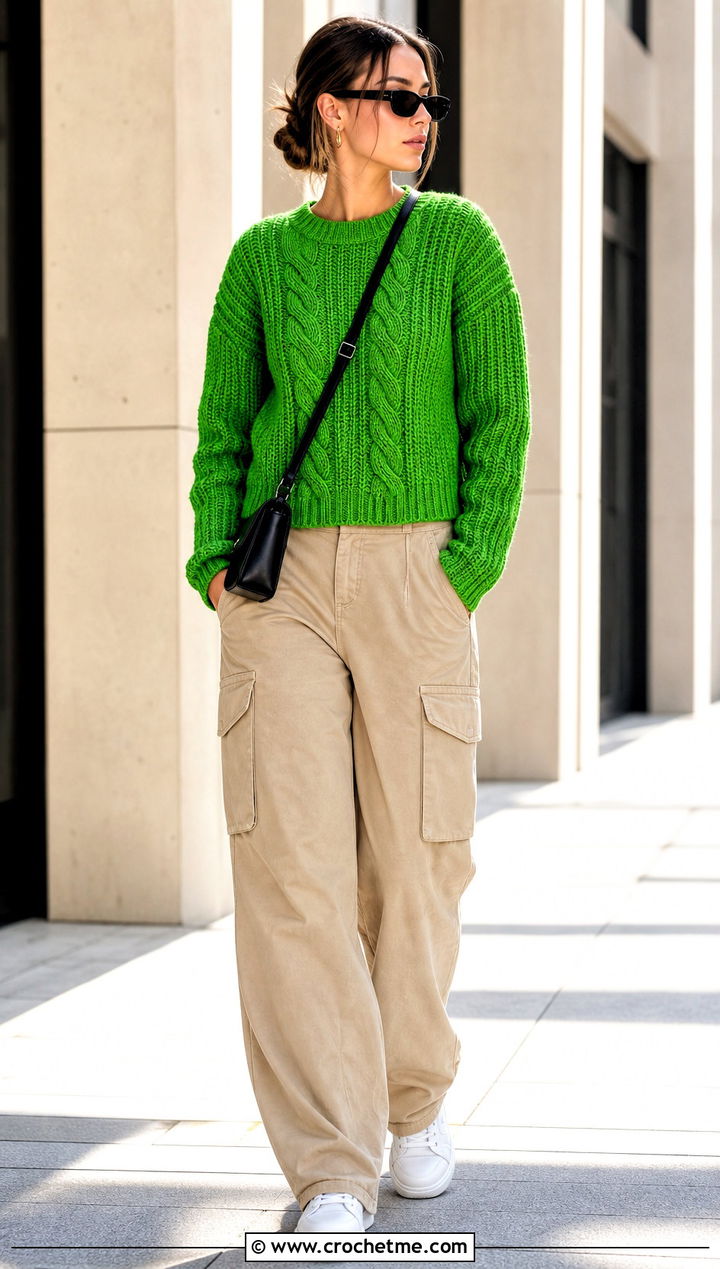 Tunisian Crochet Cable Sweater With Cargo Pants - 30 crochet cable knit sweater outfit ideas