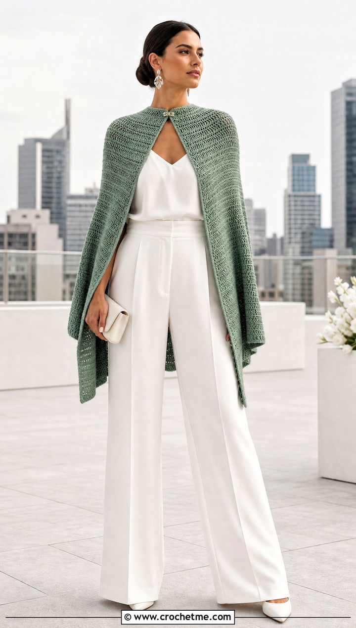 Tunisian Crochet Cape With Wide Leg Bridal Trousers - 25 Crochet Wedding Cape outfit ideas