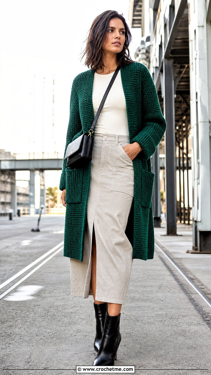 Tunisian Crochet Cardigan With Pockets And Utility Skirt - 35 crochet cardigan with pockets outfit ideas