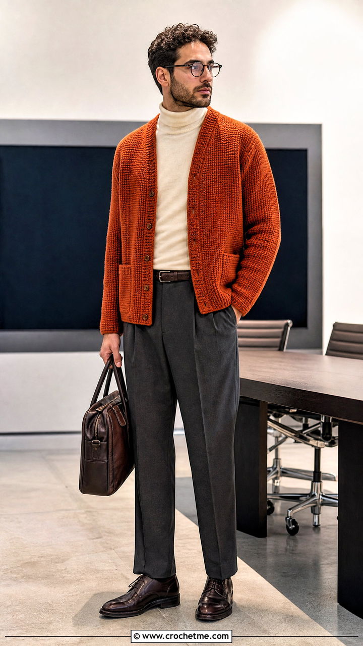 Tunisian Crochet Cardigan With Suit Trousers - 35 crochet cardigan men outfit ideas