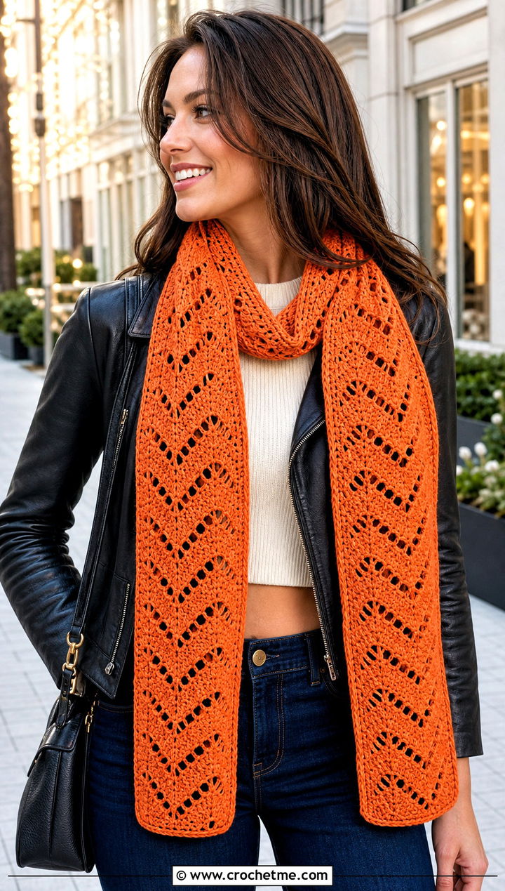 Tunisian Crochet Chevron Lace Scarf With Leather Jacket - 20 Crochet Zig Zag Scarf outfit ideas