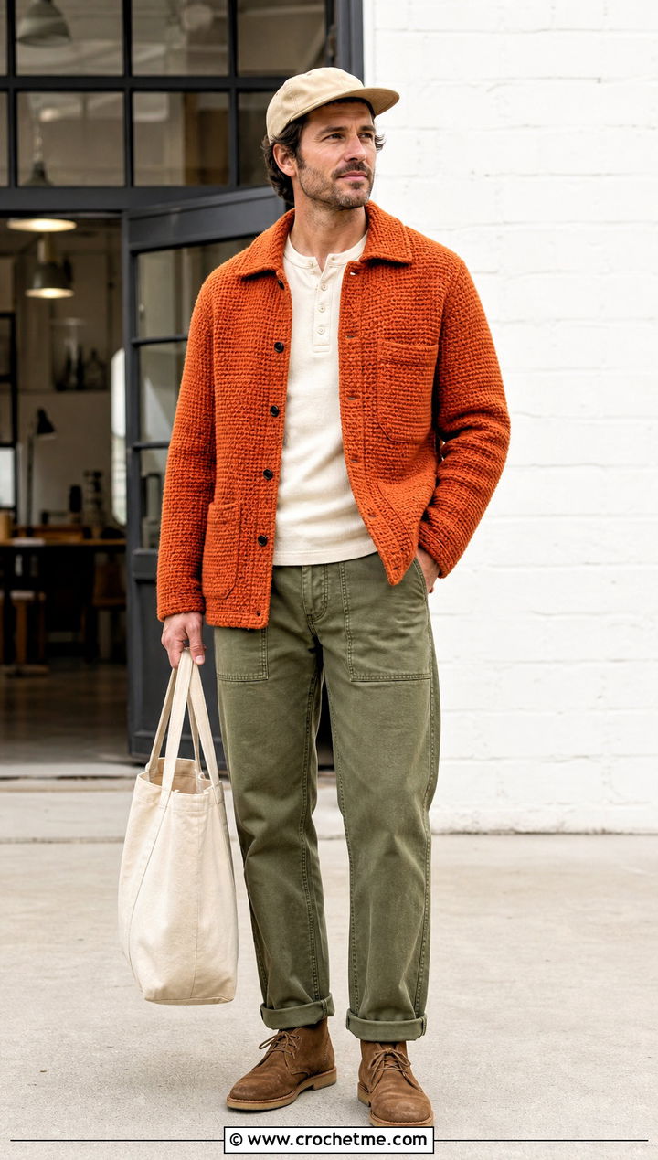 Tunisian Crochet Chore Jacket With Workwear Pants - 15 Crochet Mens Jacket outfit ideas