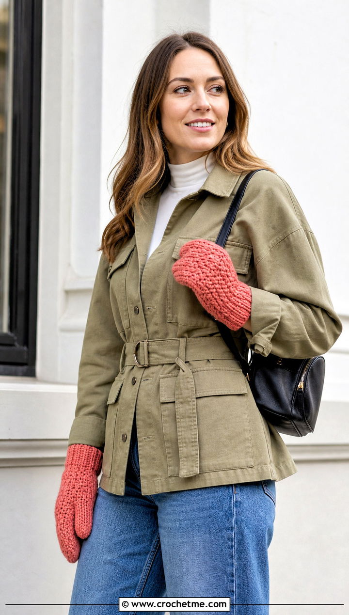 Tunisian Crochet Chunky Mittens With Utility Jacket - 30 crochet chunky mittens outfit ideas