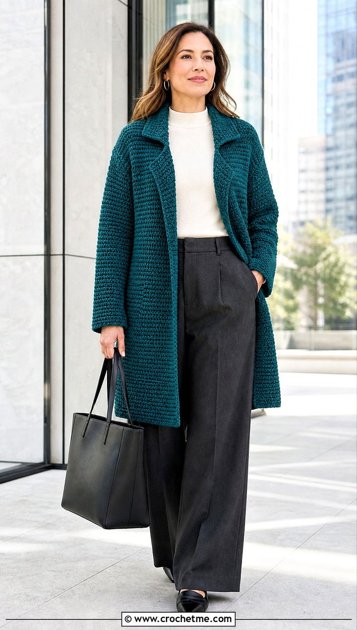 Tunisian Crochet Coat With Tailored Trousers - 15 stylish crochet coat design outfit ideas