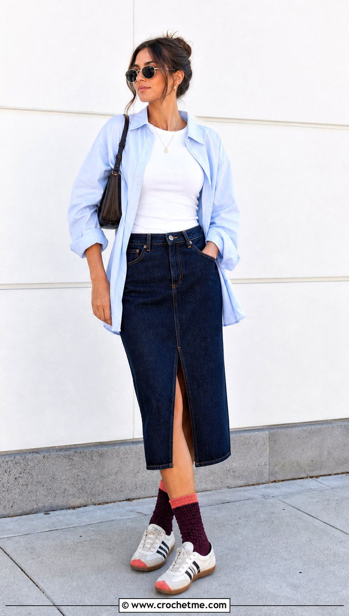 Tunisian Crochet Color Block Socks With A Denim Midi Skirt - 35 tunisian crochet socks outfit ideas