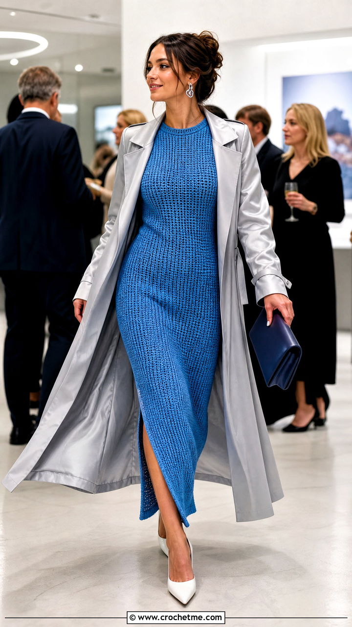 Tunisian Crochet Column Dress With Silk Trench - 35 crochet formal dress outfit ideas
