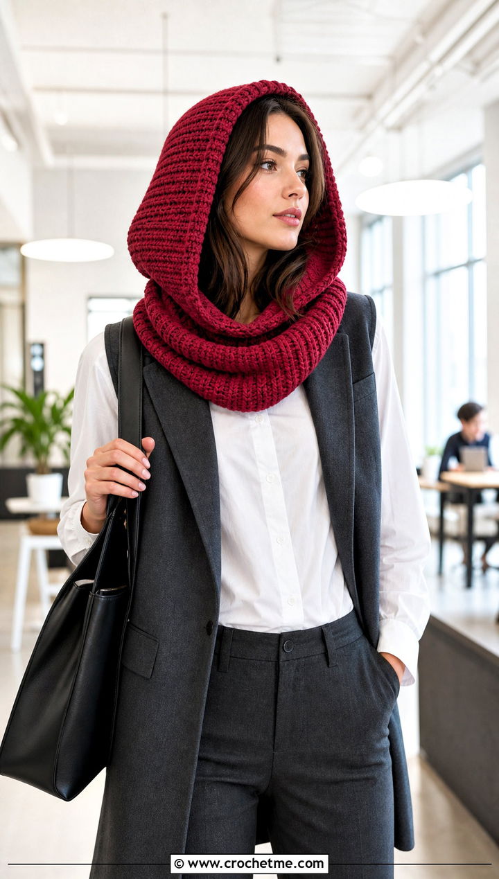 Tunisian Crochet Cowl Hood With Tailored Trousers - 25 crochet cowl hood outfit ideas
