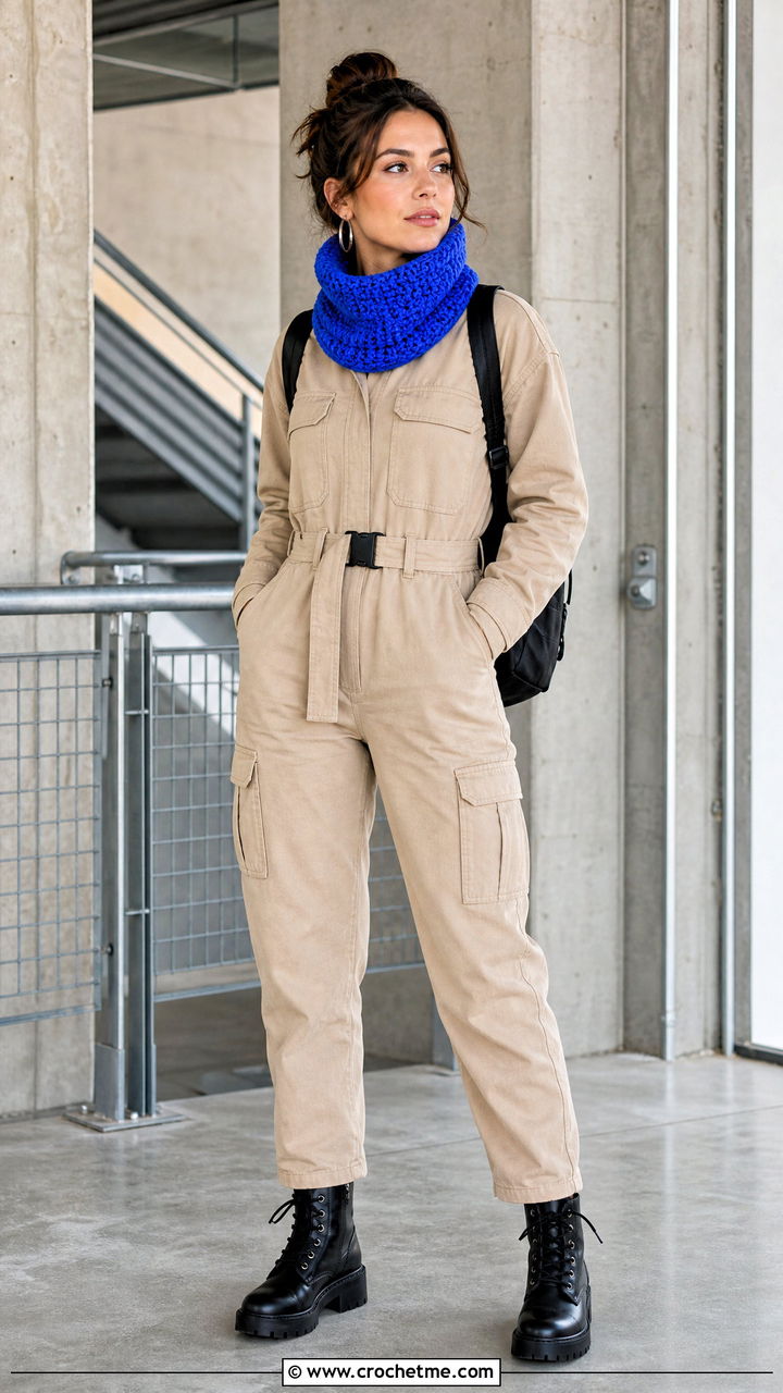 Tunisian Crochet Cowl Neck Warmer With Utility Jumpsuit Outfit - 35 crochet cowl neck warmer outfit ideas
