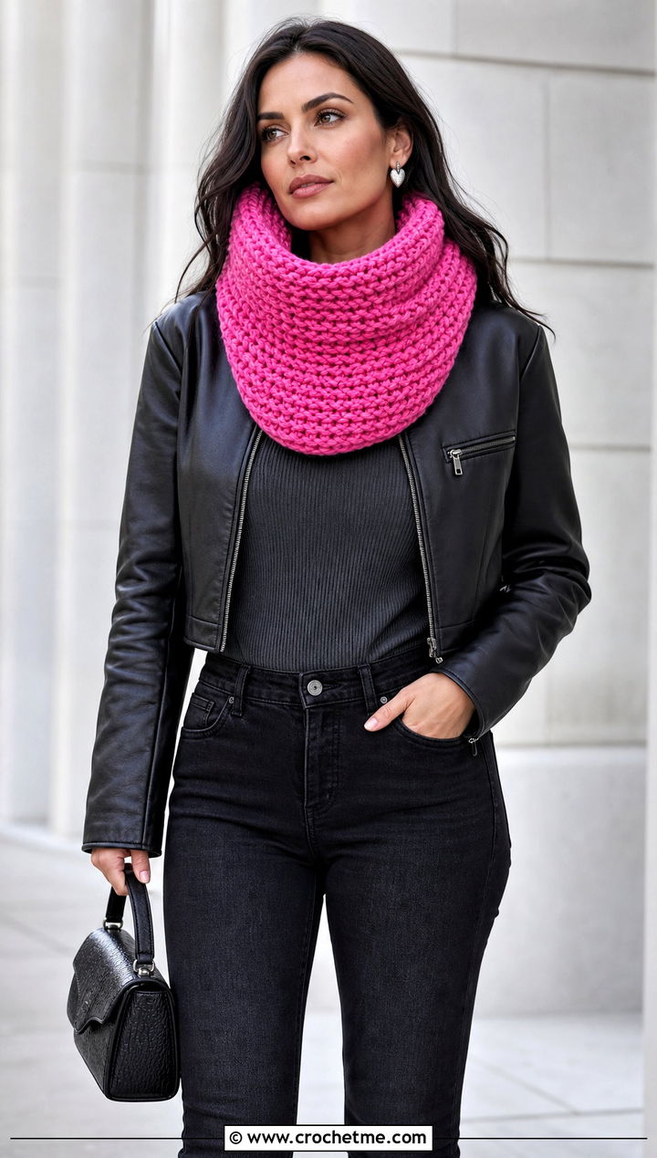 Tunisian Crochet Cowl Scarf With Leather Jacket and Black Jeans - 20 Easy Tunisian Crochet Scarf outfit ideas