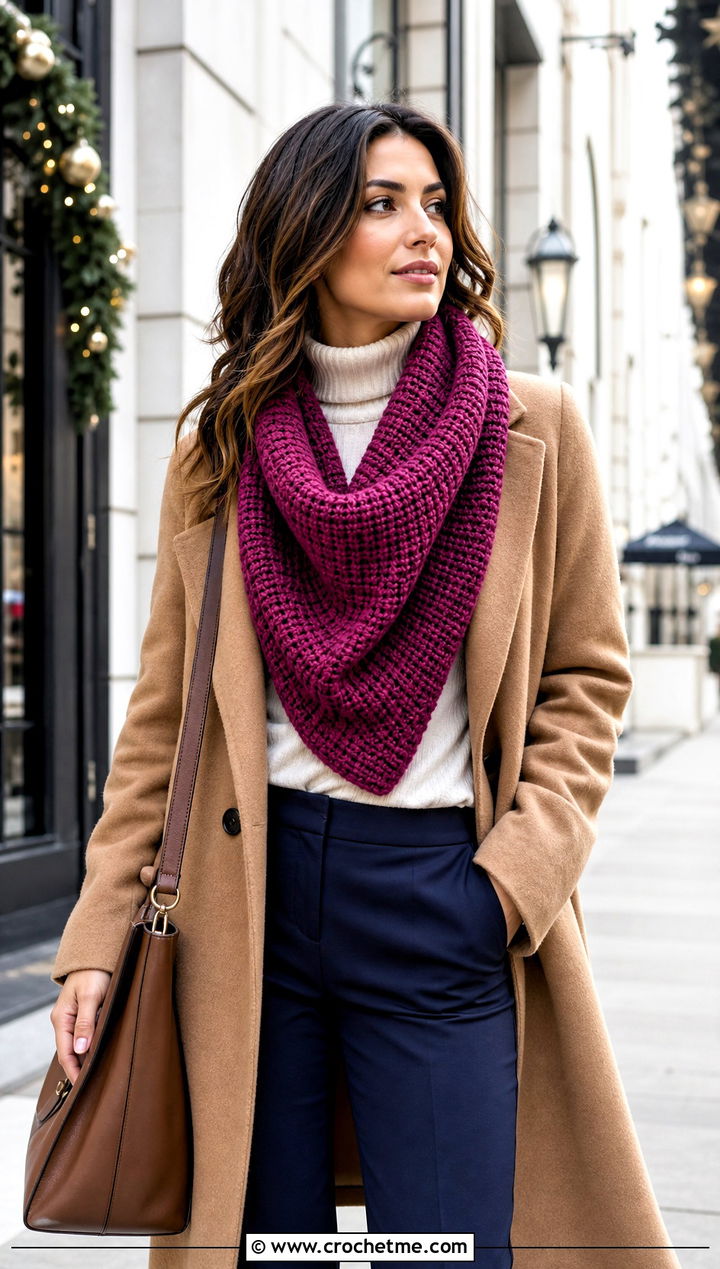 Tunisian Crochet Cowl Shawl With Wool Coat - 20 crochet cowl shawl outfit ideas