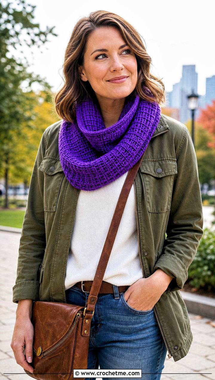 Tunisian Crochet Cowl With Field Jacket And Barrel Jeans - 35 crochet neck warmer cowls outfit ideas
