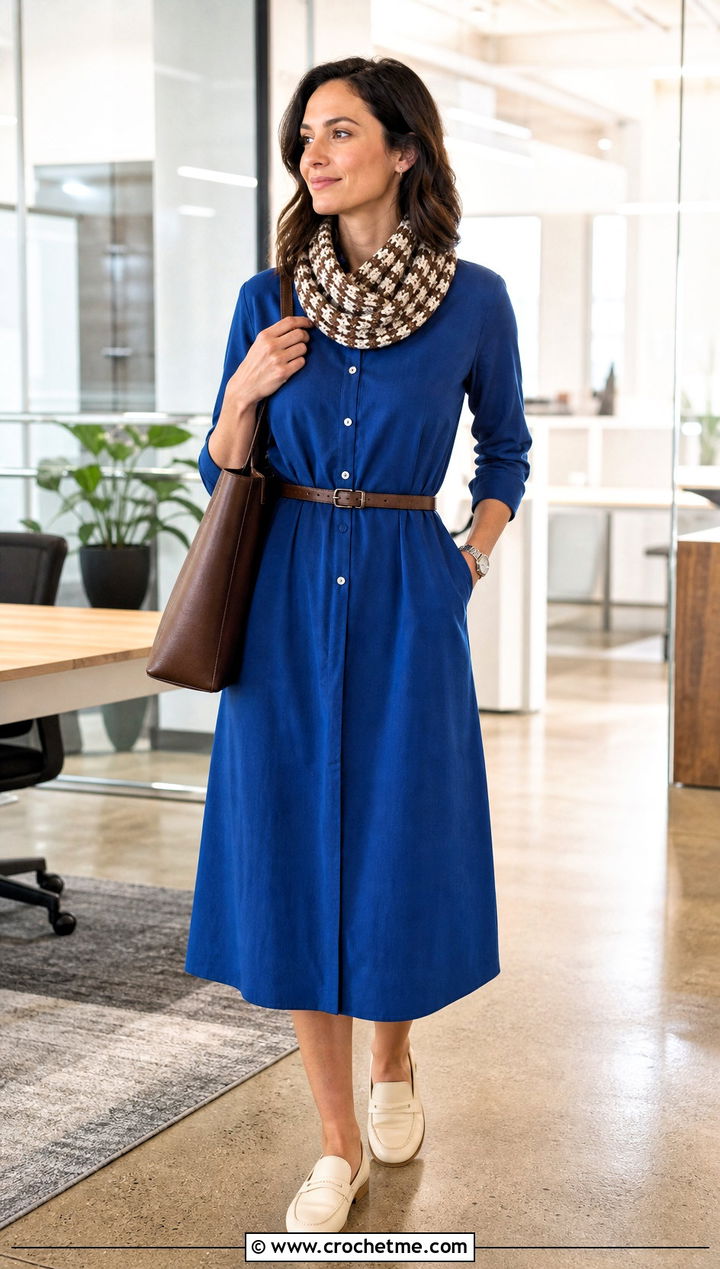 Tunisian Crochet Cowl With Shirt Dress And Loafers - 15 brown and white crochet cowl outfit ideas