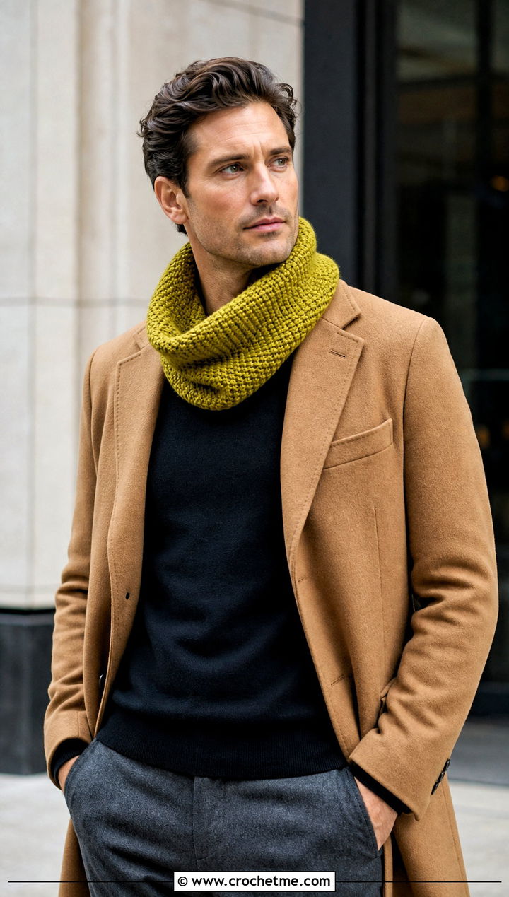 Tunisian Crochet Cowl With Tailored Coat - 30 crochet cowl for men outfit ideas