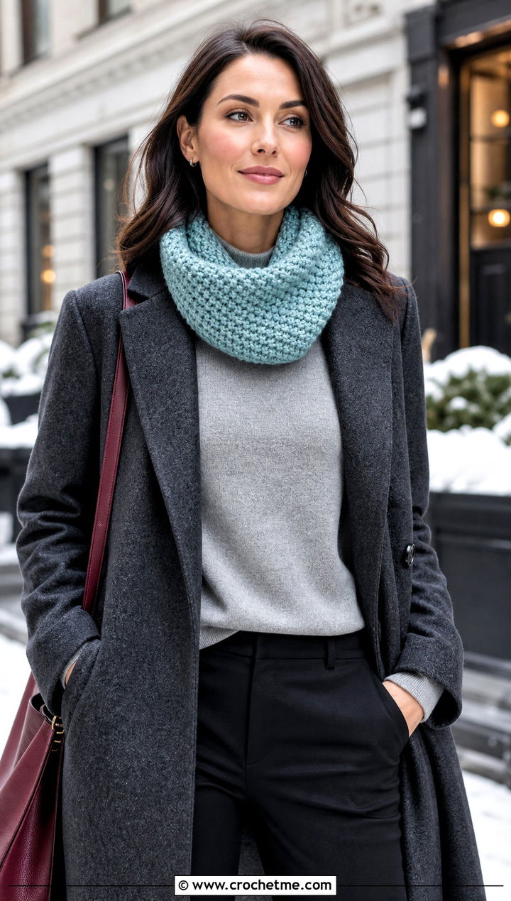 Tunisian Crochet Cowl With Wool Coat - 20 Simple Crochet Cowl outfit ideas