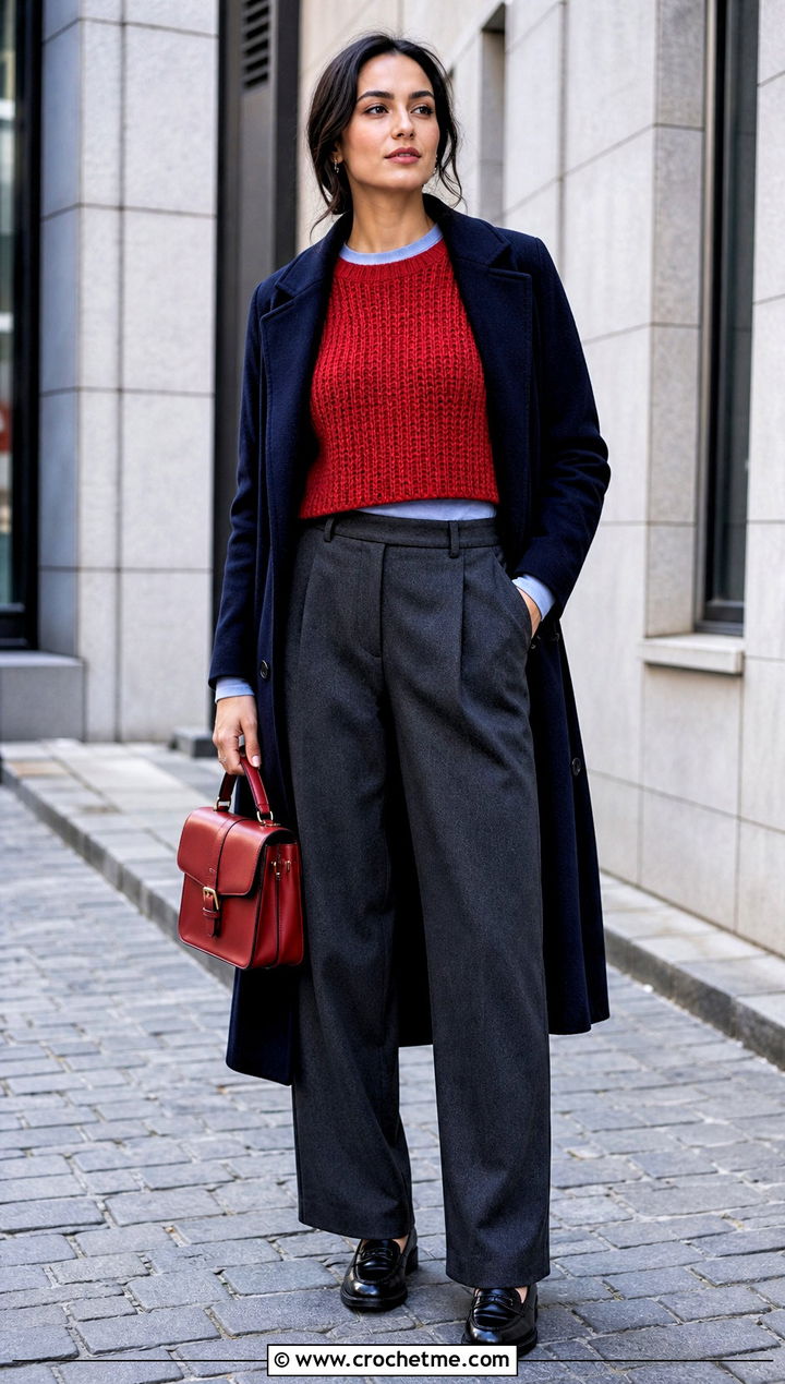 Tunisian Crochet Cropped Shirt With Wool Trousers - 30 crochet cropped shirt outfit ideas