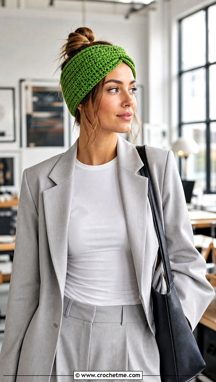 Tunisian Crochet Ear Warmer With Blazer - 25 Quick Crochet Ear Warmer outfit ideas