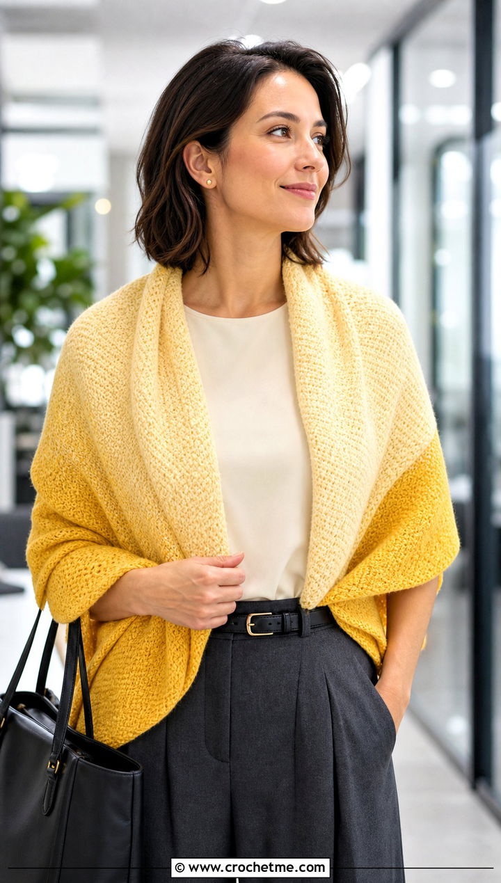 Tunisian Crochet Fade Shawl With Tailored Trousers - 15 Crochet Fade Shawl outfit ideas