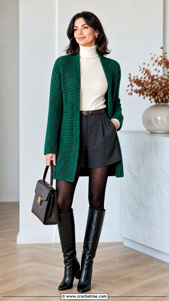 Tunisian Crochet Fall Cardigan With Tailored Shorts - 35 crochet fall cardigan outfit ideas