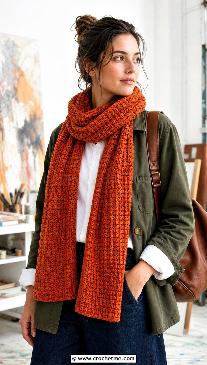 Tunisian Crochet Fall Scarf With Workwear Jacket - 15 Crochet Fall Scarf outfit ideas