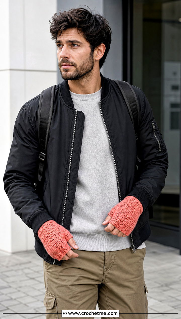Tunisian Crochet Fingerless Gloves With Bomber Jacket - 25 men's crochet gloves outfit ideas