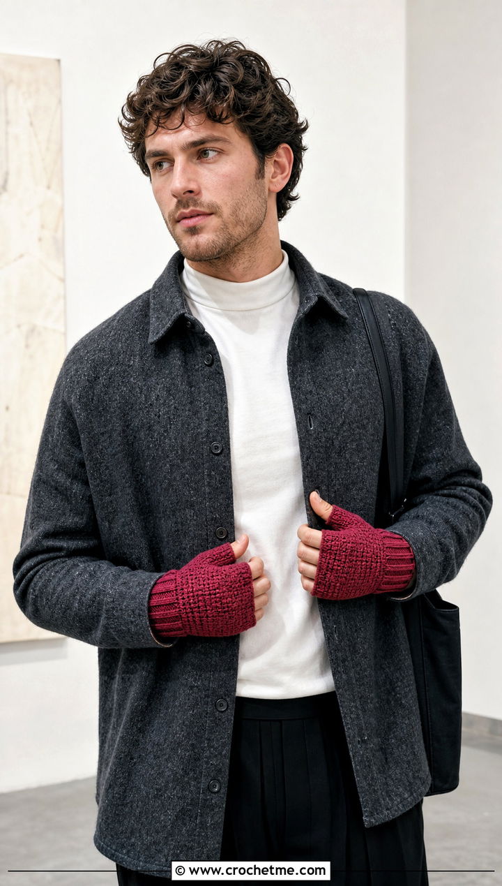 Tunisian Crochet Fingerless Gloves With Overshirt - 25 Crochet Mens Gloves outfit ideas