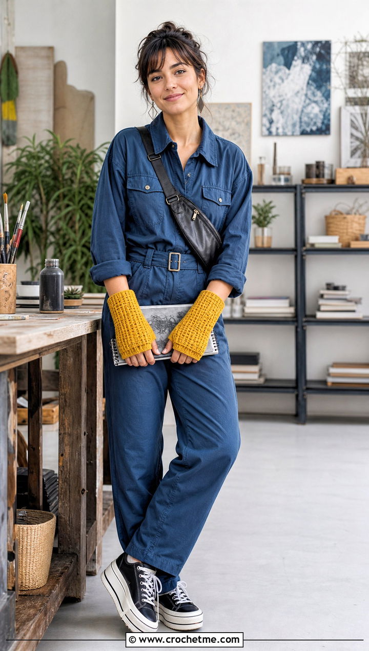 Tunisian Crochet Fingerless Gloves With Utility Jumpsuit - 25 Crochet For Fingerless Gloves outfit ideas