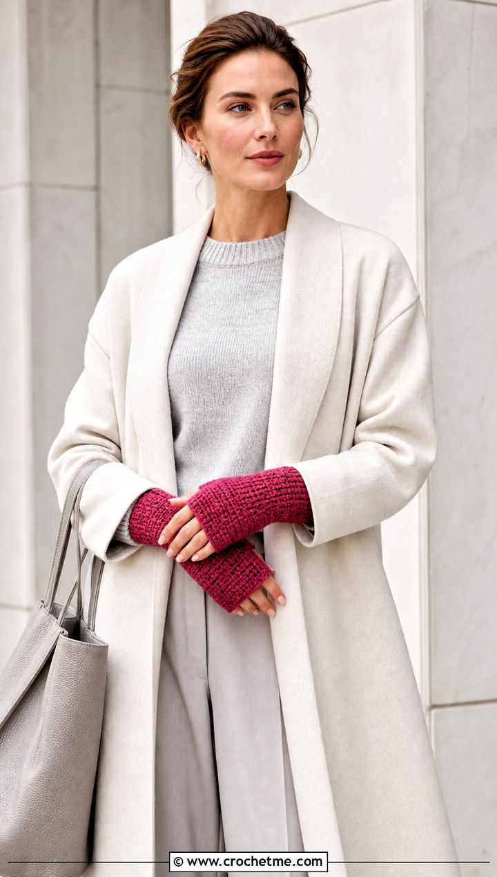 Tunisian Crochet Fingerless Mittens With Minimalist Coat - 25 crochet fingerless mittens outfit ideas