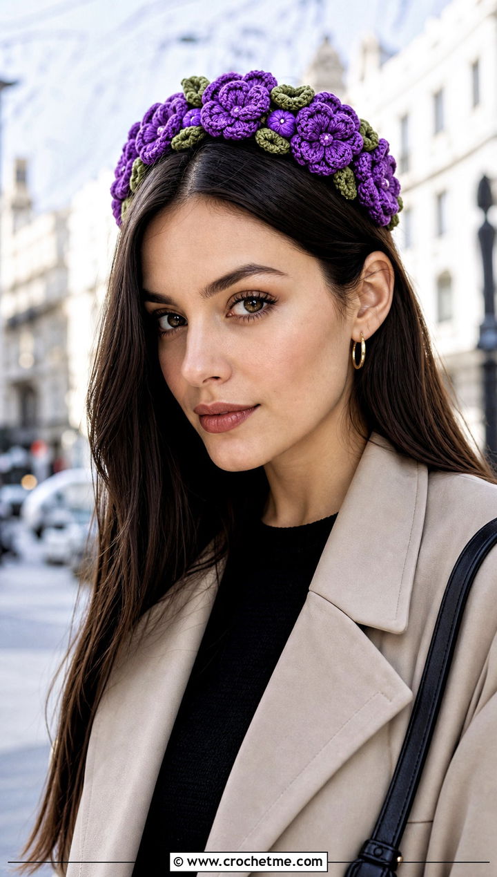 Tunisian Crochet Flower Crown Headband With Trench Coat - 25 crochet flower crown headband outfit ideas