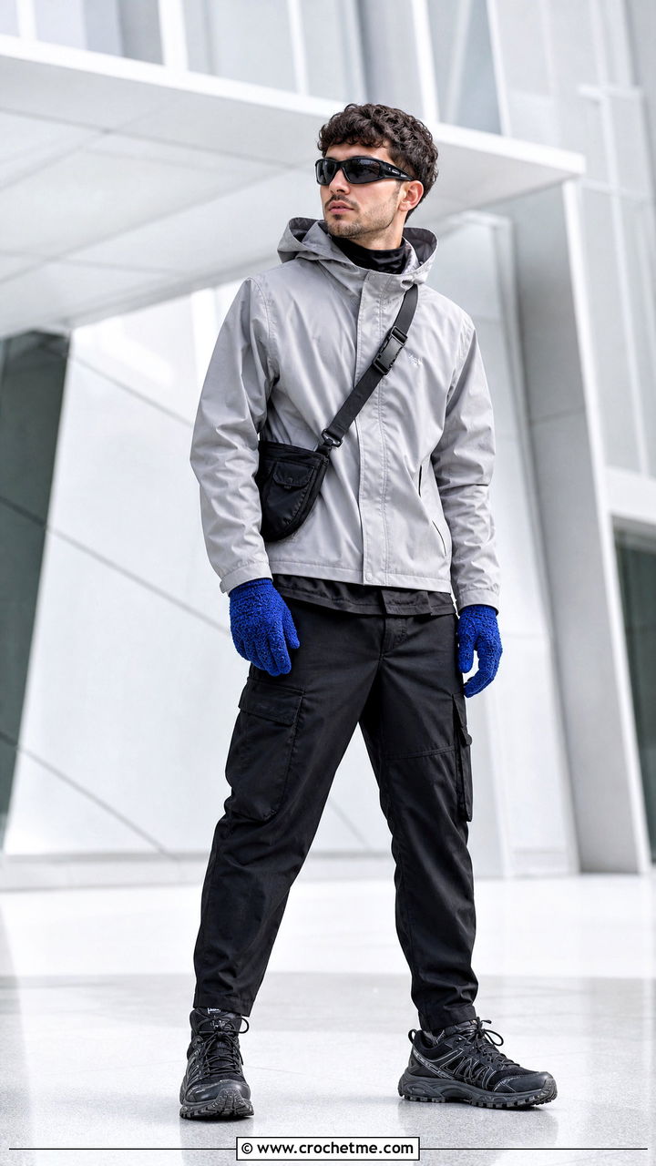 Tunisian Crochet Gloves With Techwear Jacket - 35 crochet gloves for men outfit ideas