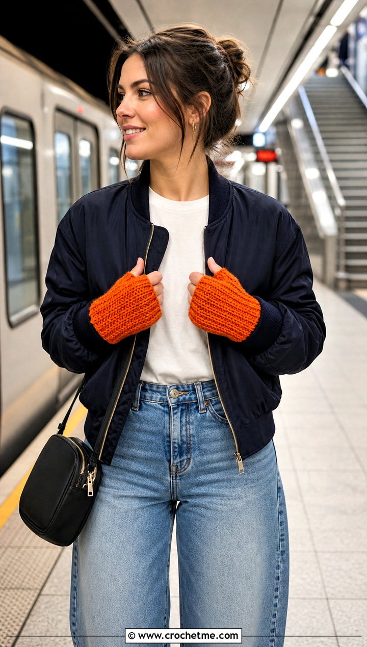 Tunisian Crochet Hand Warmers With Bomber Jacket - 30 crochet hand mittens outfit ideas
