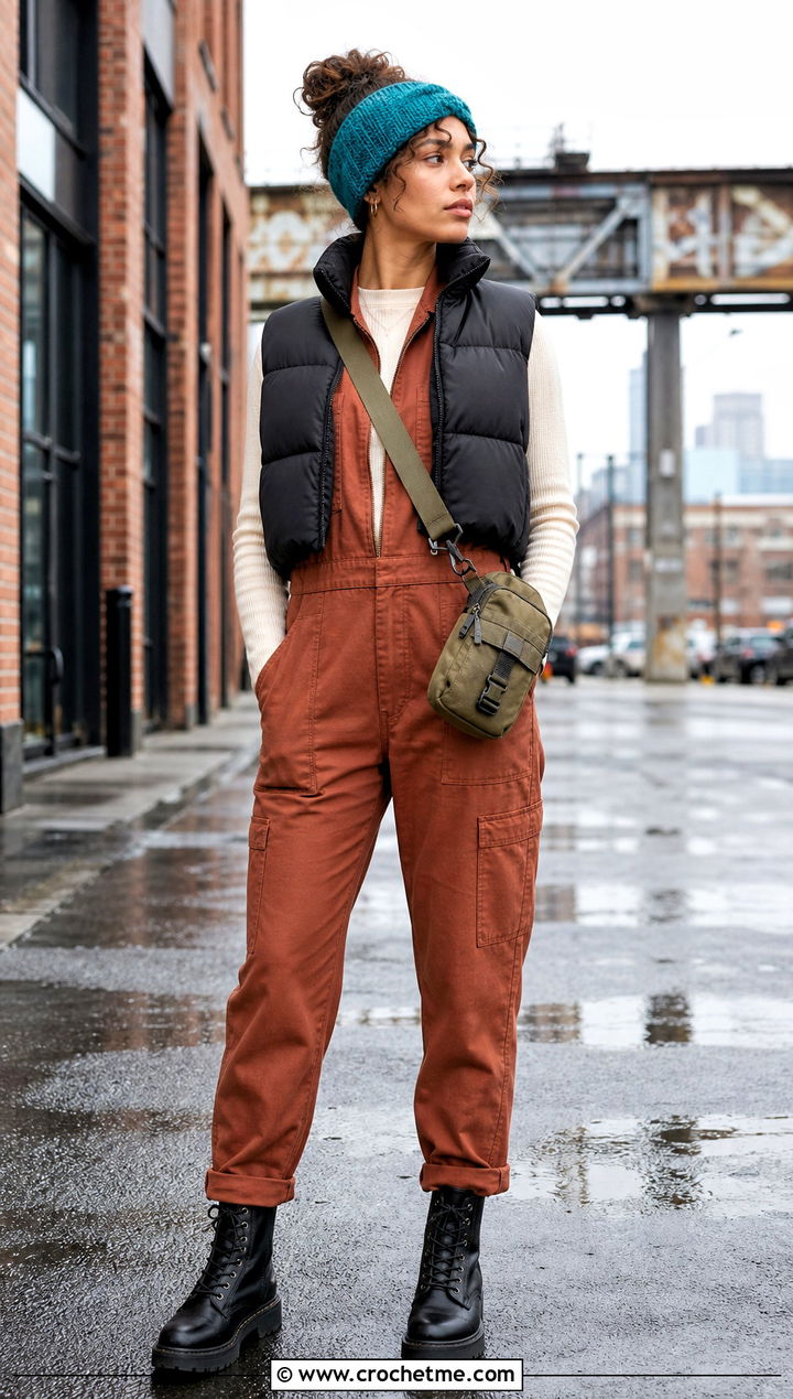 Tunisian Crochet Headband With Utility Jumpsuit And Combat Boots - 35 winter crochet headband outfit ideas