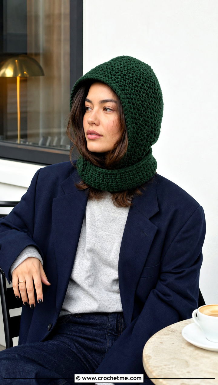 Tunisian Crochet Hood Hat With Blazer And Jeans - 25 crochet hood hat outfit ideas