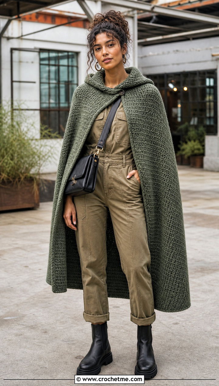 Tunisian Crochet Hooded Cape With Utility Jumpsuit - 35 crochet hooded cape outfit ideas