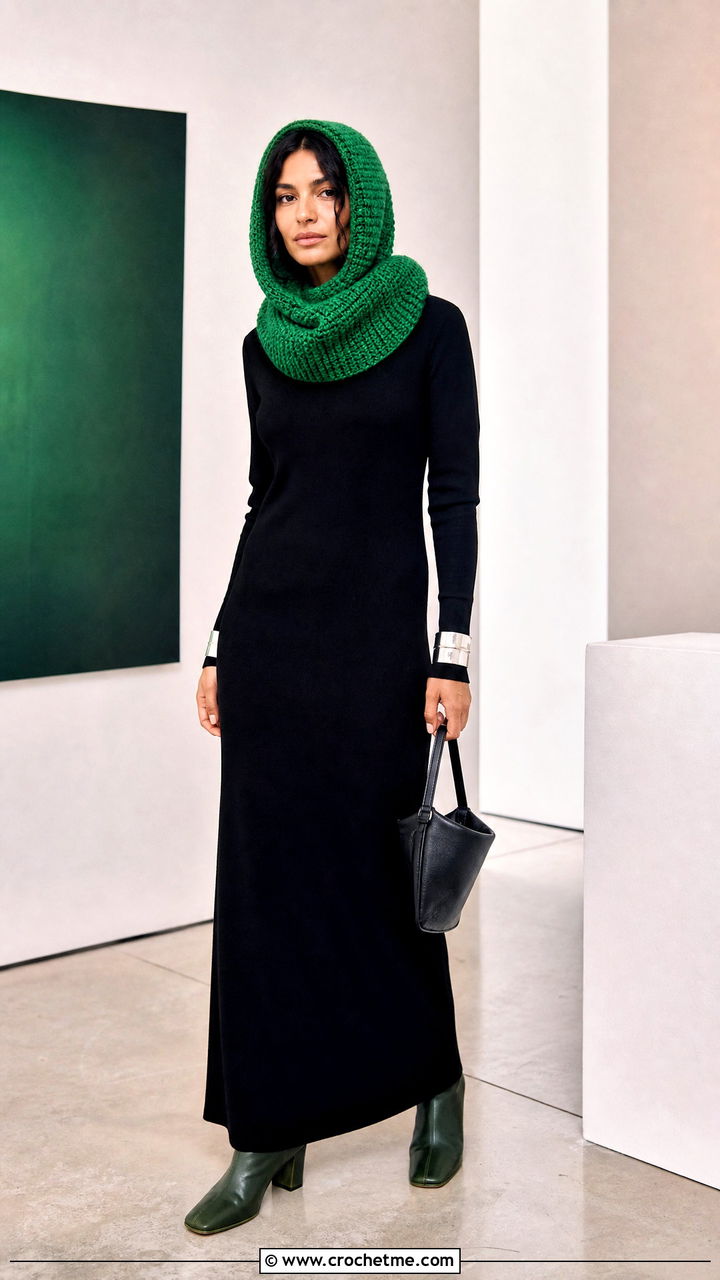 Tunisian Crochet Hooded Cowl With Minimal Dress - 35 crochet hooded cowl outfit ideas
