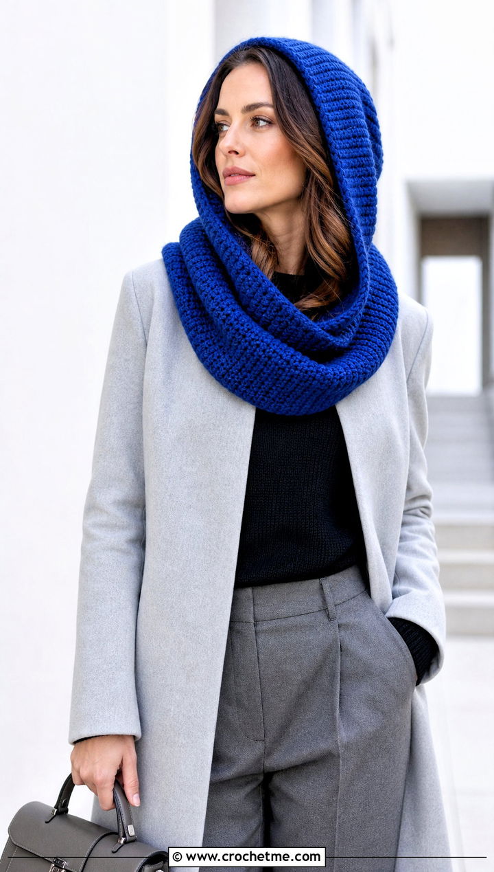 Tunisian Crochet Hooded Cowl With Minimalist Coat - 30 easy crochet hooded cowl outfit ideas