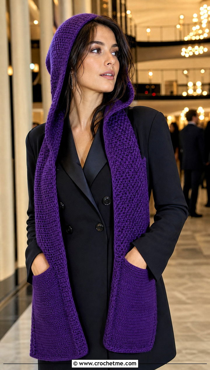Tunisian Crochet Hooded Pocket Scarf With Blazer Dress - 25 crochet hooded pocket scarf outfit ideas