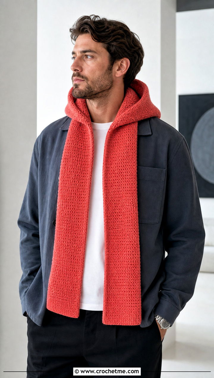 Tunisian Crochet Hooded Scarf With Minimal Outfit - 20 Crochet Hooded Scarf For Men outfit ideas