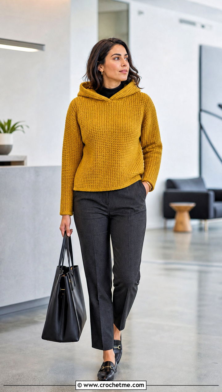 Tunisian Crochet Hooded Sweater With Tailored Pants - 25 Hooded Crochet Sweater outfit ideas
