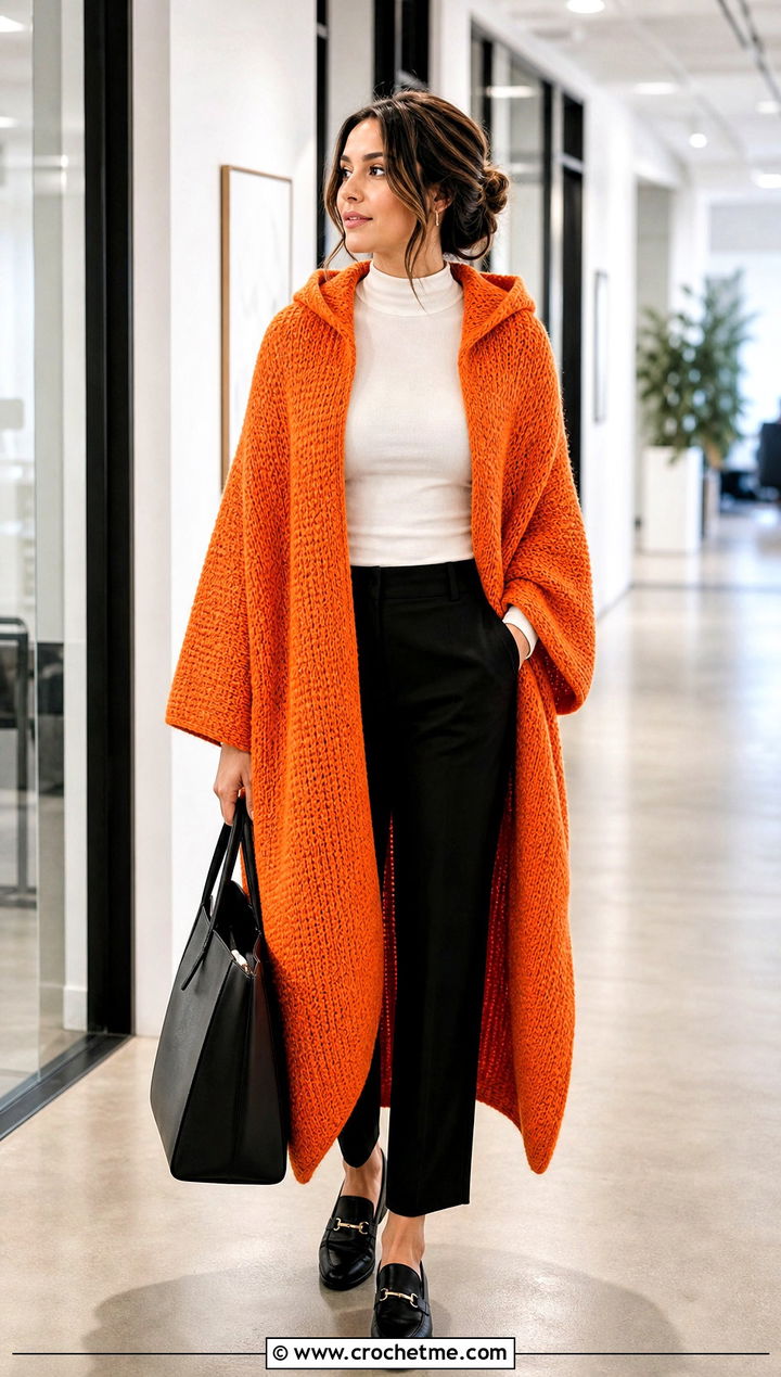 Tunisian Crochet Hoodie Blanket With Tailored Trousers - 25 crochet hoodie blanket outfit ideas