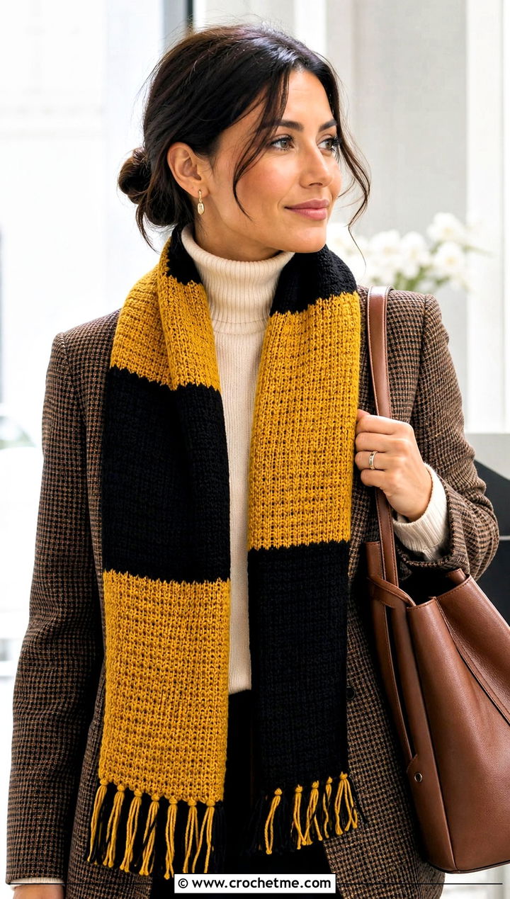 Tunisian Crochet Hufflepuff Scarf With Wool Blazer - 30 crochet hufflepuff scarf outfit ideas