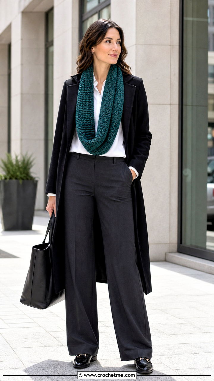 Tunisian Crochet Infinity Scarf With Button Down Shirt - 35 crochet infinity scarf outfit ideas