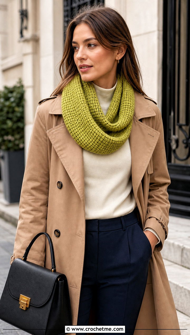 Tunisian Crochet Infinity Scarf With Trench Coat - 25 infinite crochet scarf outfit ideas