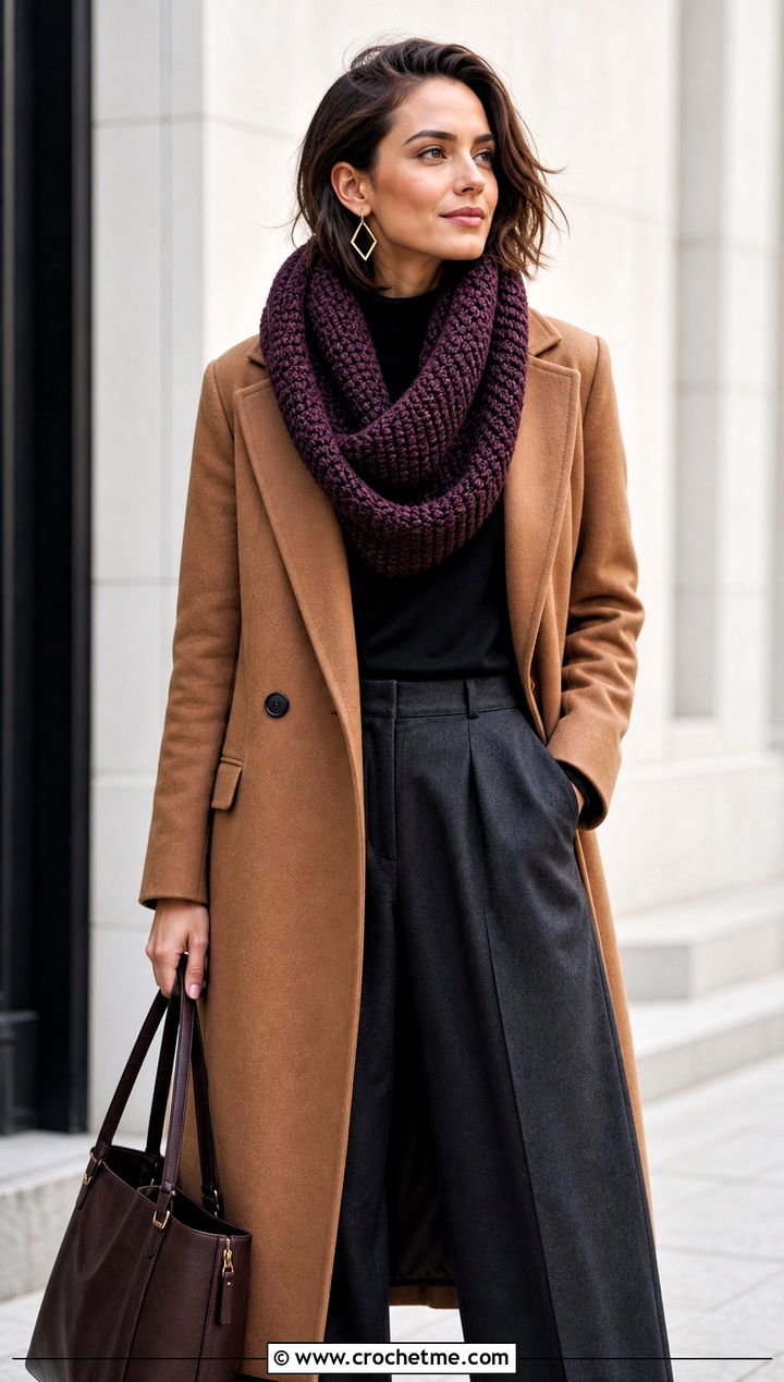 Tunisian Crochet Infinity Scarf With Wool Coat - 15 One Skein Crochet Infinity Scarf outfit ideas