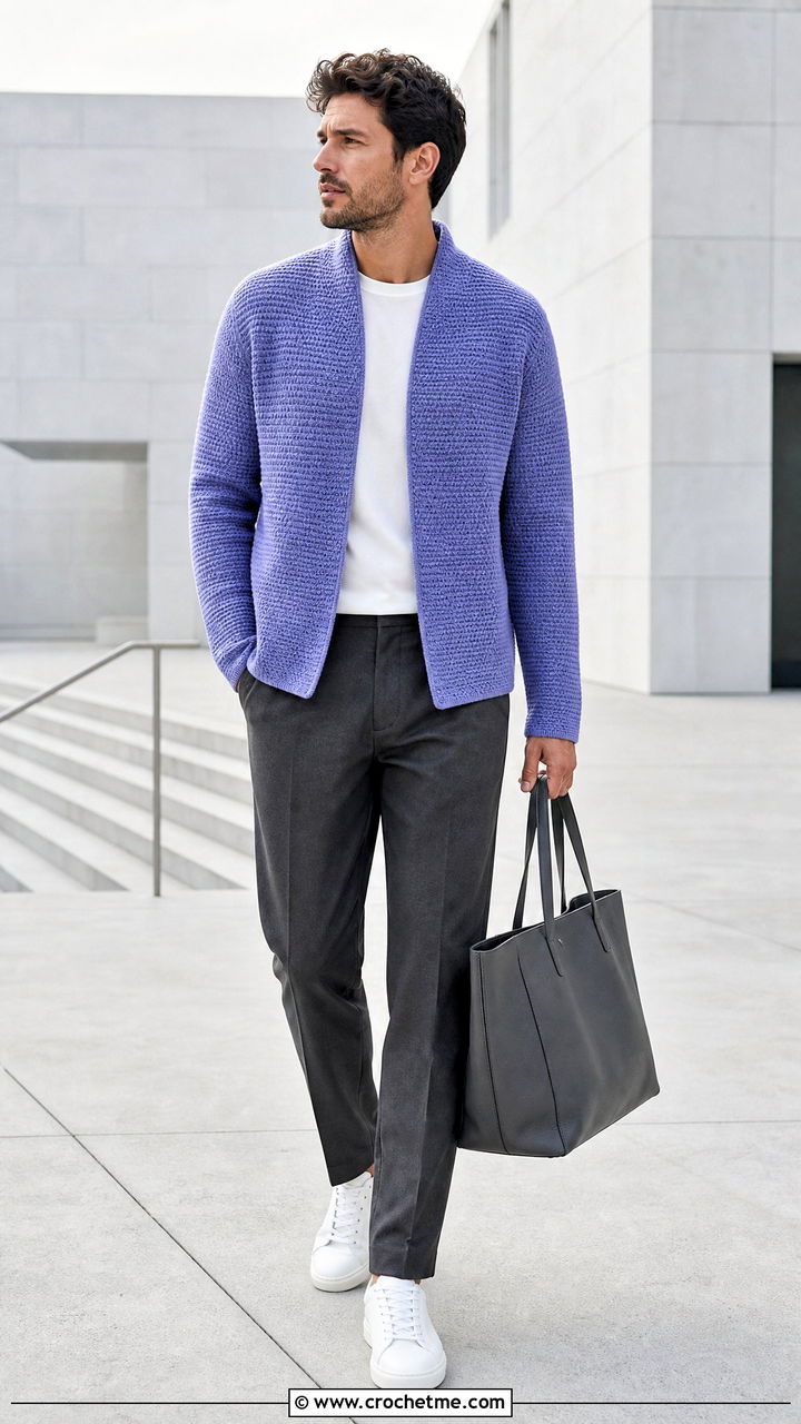 Tunisian Crochet Jacket With Minimalist Trousers - 35 crochet jacket for men outfit ideas