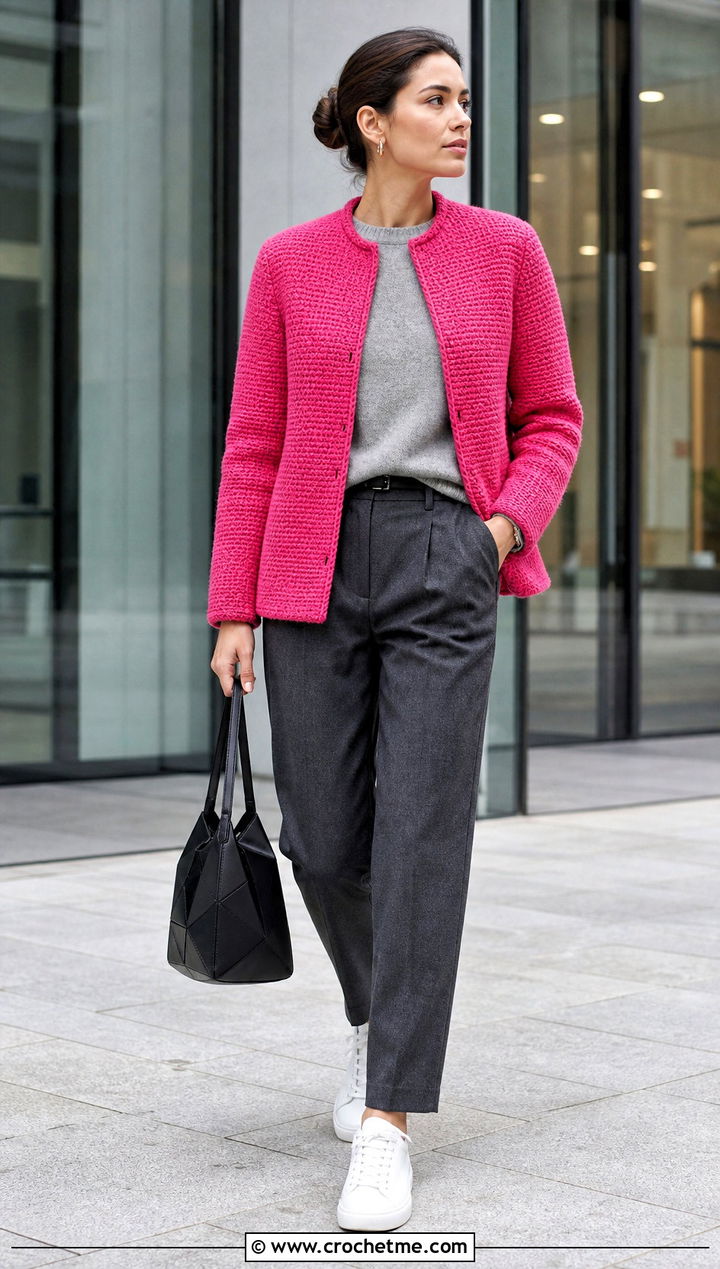 Tunisian Crochet Jacket With Pleated Trousers - 30 crochet winter jacket outfit ideas