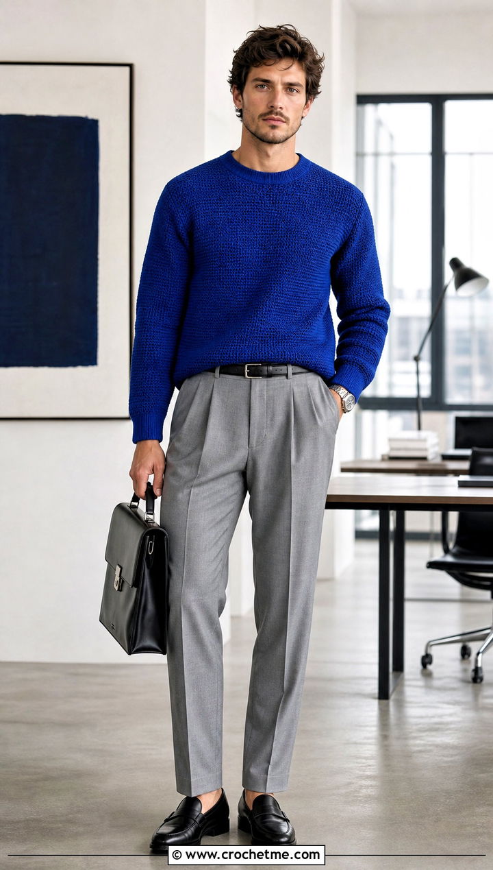 Tunisian Crochet Jumper With Relaxed Suit Trousers - 35 men crochet jumper outfit ideas