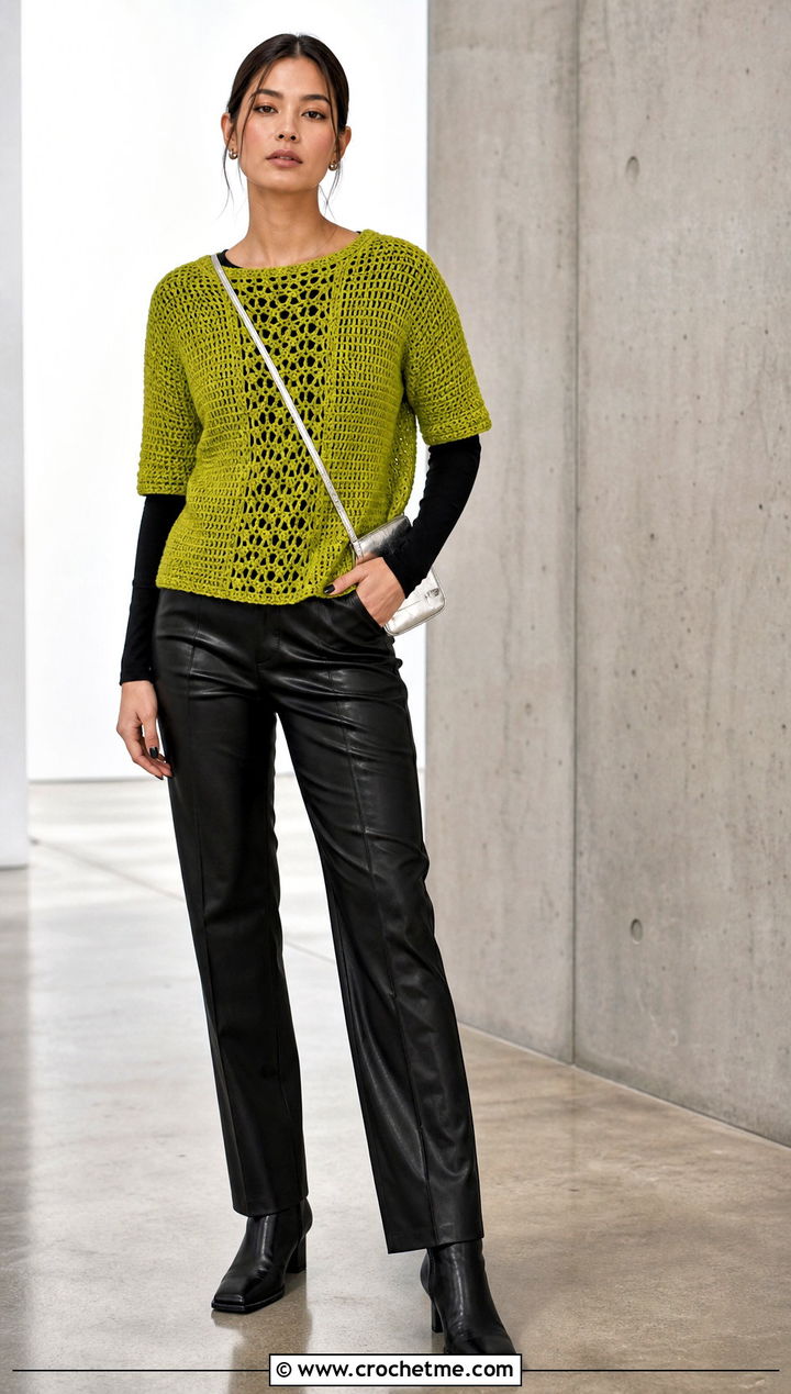 Tunisian Crochet Lace Sweater With Leather Pants - 30 crochet lace clothes and outfit ideas