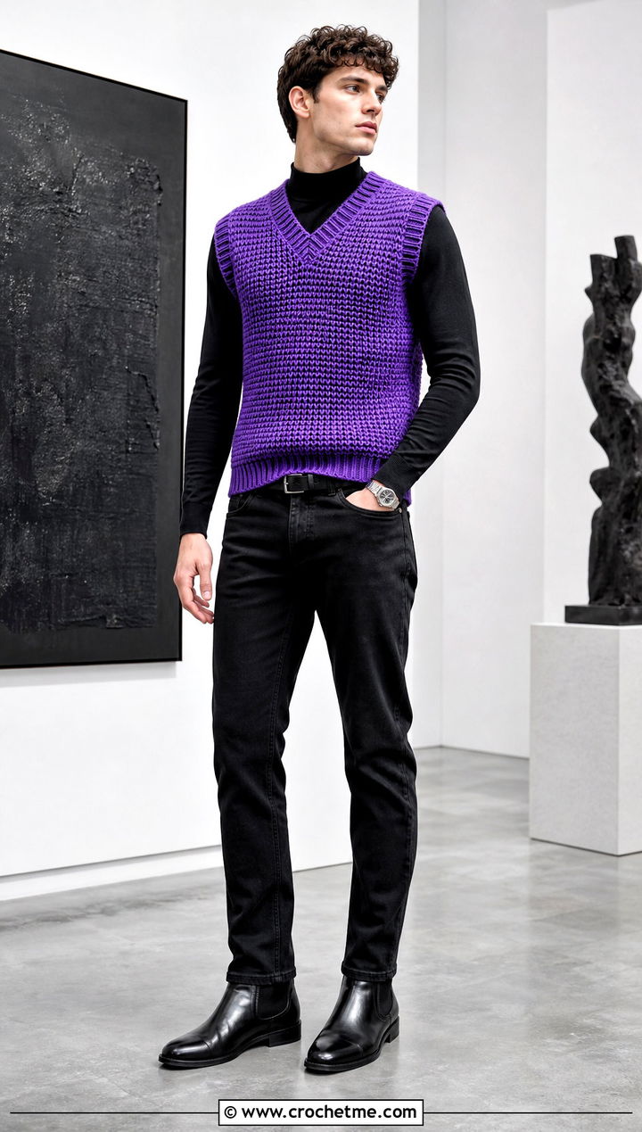 Tunisian Crochet Mens Sweater Vest With Black Jeans - 25 crochet mens sweater vest outfit ideas